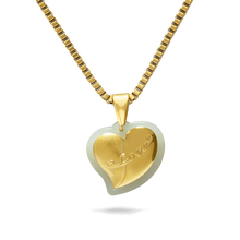Gold heart-shaped pendant with 'Love' engraving on a gold chain against a white background