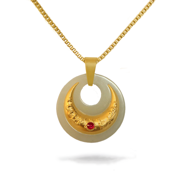 Gold and white pendant necklace with a red gemstone on a white background