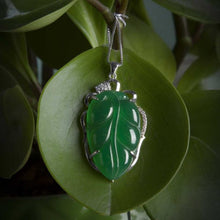 Green leaf-shaped pendant on a chain against a green leaf background
