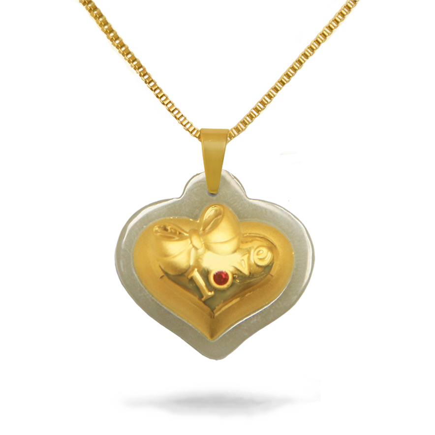 Gold heart-shaped pendant with a red gemstone on a white background